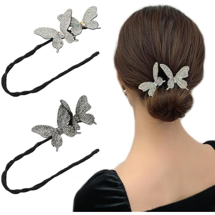 FASHION MANIA 2Pcs Rhinestone Hair Bun maker Butterfly Deft Easy Bun Twister Elegant Hair Curler(Black+Silver) - Image 1